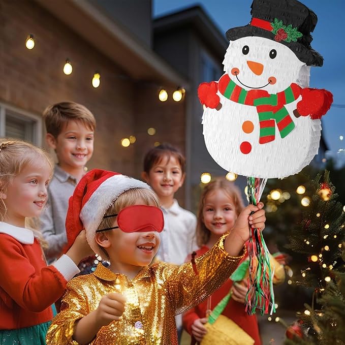 Wernnsai Christmas Piata Large Pull String with Blindfold Bat Cute Snowman Piata for Christmas Party Games White Party Decorations 16.5' x 12.4'