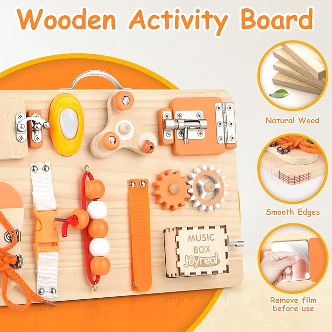 Joyreal Wooden Busy Board for Toddlers - Montessori Sensory Activity Board for Fine Motor Skills, Educational Travel Sensory Toys for Children Toddlers & Kids