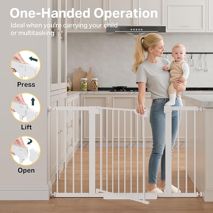 Cumbor 29.7"–51.5" Extra Wide Baby Gate for Stairs, Pressure-Mounted Dog Gates for Doorways & Hallways, Auto-Close Walk-Through, No-Trip Design, Child Proof Safety, Dog/Pet Gate for Indoor Use, White