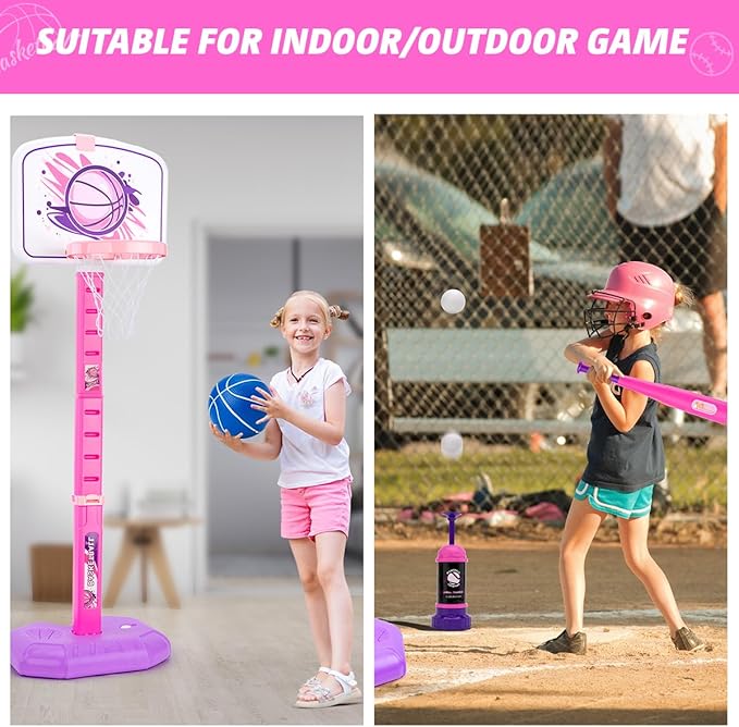 Meland Toddler Basketball Hoop, Pink 4-in-1 Kids Basketball Hoop for Indoor Outdoor Play, Tball Set with Baseball Pop Up Machine, Girls Toys Birthday Gift