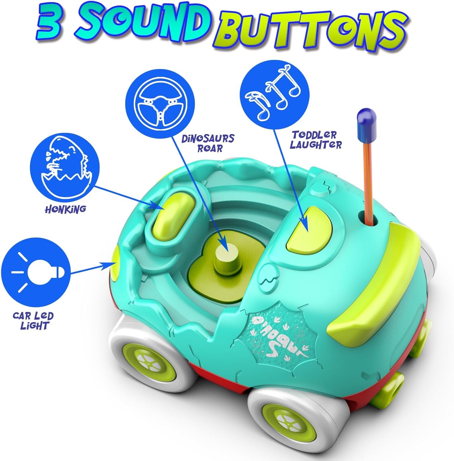 Remote Control Car for Toddlers Toddler Toys for 18+Months RC Cars with LED Lights & Music Dinosaur Toy for Kids Green