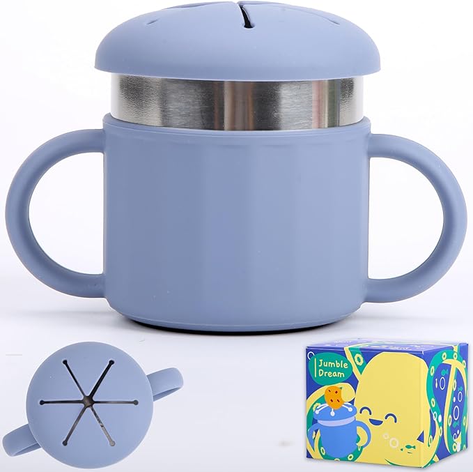 Jumble Dream Stainless Steel Baby Snack Cup for Toddlers Kids – Spill-Proof Silicone Snack Container – BPA-Free Non-Toxic Dishwasher Safe Food-Grade Stainless Steel for Baby Snacks 6m+ to 3+ Years