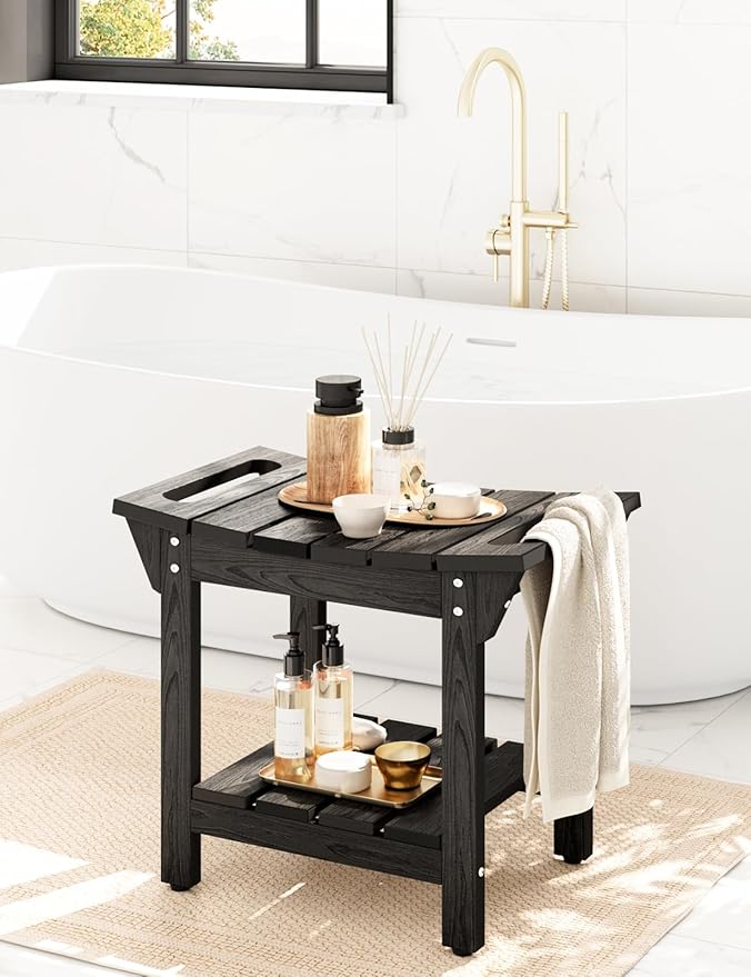 Waterproof Shower Bench, Poly Lumber Shower Stool for Shaving Legs, Shower Chair Seat with Storage Shelf and Handles, Bathroom Bench for Inside Shower, Non-Slip (Black)