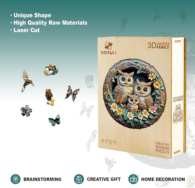 Wooden Puzzles for Adults - 3D Vision Effects Owl Family Wooden Jigsaw Puzzle - Unique Animal Shaped Wood Puzzles Adult - Creative Birthday Gift Family Game (100pcs)