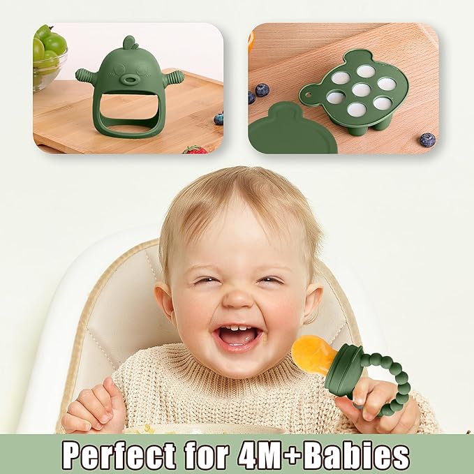 Baby Fruit Food Feeder Breastmilk Popsicle Molds for Teething Relief - 3 Pack Feeding Sets -1 Freezer Tray with Lid & 1 Teether Toy & 1 Silicone Pacifier + 3 Extra Sizes Infant Feed Mesh (Olive Green)