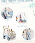 ROBOTIME Wooden Baby Walker, Baby Push Walker, Baby Activity Center Toys, Ajustable Speed Multi-Functional Baby Walker with Wheels for Boys and Girls(Vacation Bus)