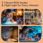 WILIT LED Desk Lamp for College Dorm Room Essentials, Students Study Lamp with Charging Station, Pen Holder, Clock & RGB Night Light, Office Desk Accessories, Table Lamp for Bedroom - Gray