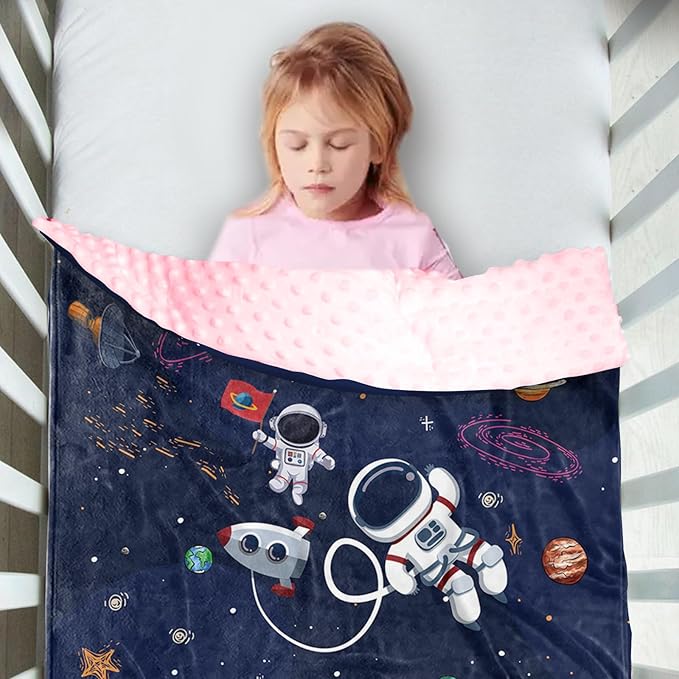 Custom Name Baby Blanket – Plush Flannel Receiving Swaddle with Double-Layer Dotted Backing – Astronauts and Blue Space Theme for Infants and Toddlers