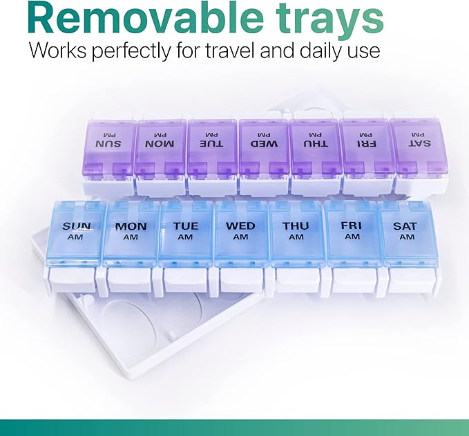 Sukuos AM PM Weekly 7 Day Pill Organizer, 2 Times A Day Pill Box with Arthritis Friendly Push Button, Medicine Cases for Vitamin/Fish Oil/Supplements, Easy to Clean (Purple&Blue)