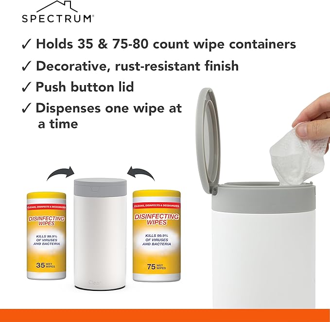 Spectrum Disinfecting Wipes Container with Push Button Lid - Refillable Dispenser for Bathroom, Kitchen, Classroom, Countertop, & Home - Stainless Steel & Rust-Resistant Disinfectant Wipes Holder