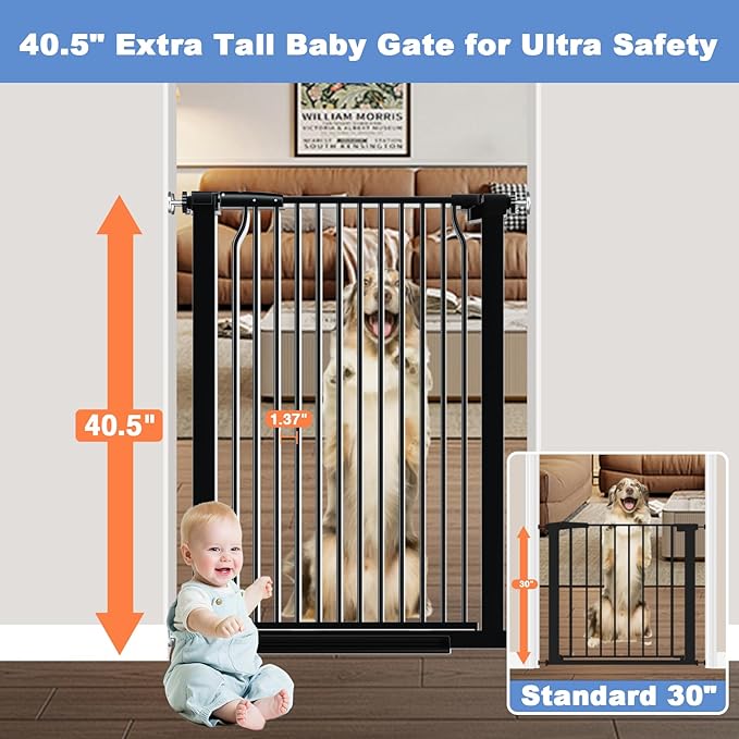 40.5" Extra Tall Baby Gate for Stairs, 29.5"-40.5" Extra Wide Dog Gate Indoor for The House, Auto Close Pressure Mounted Safety Child Toddler Gate, Pet Gate for Doorways Kitchen, Black