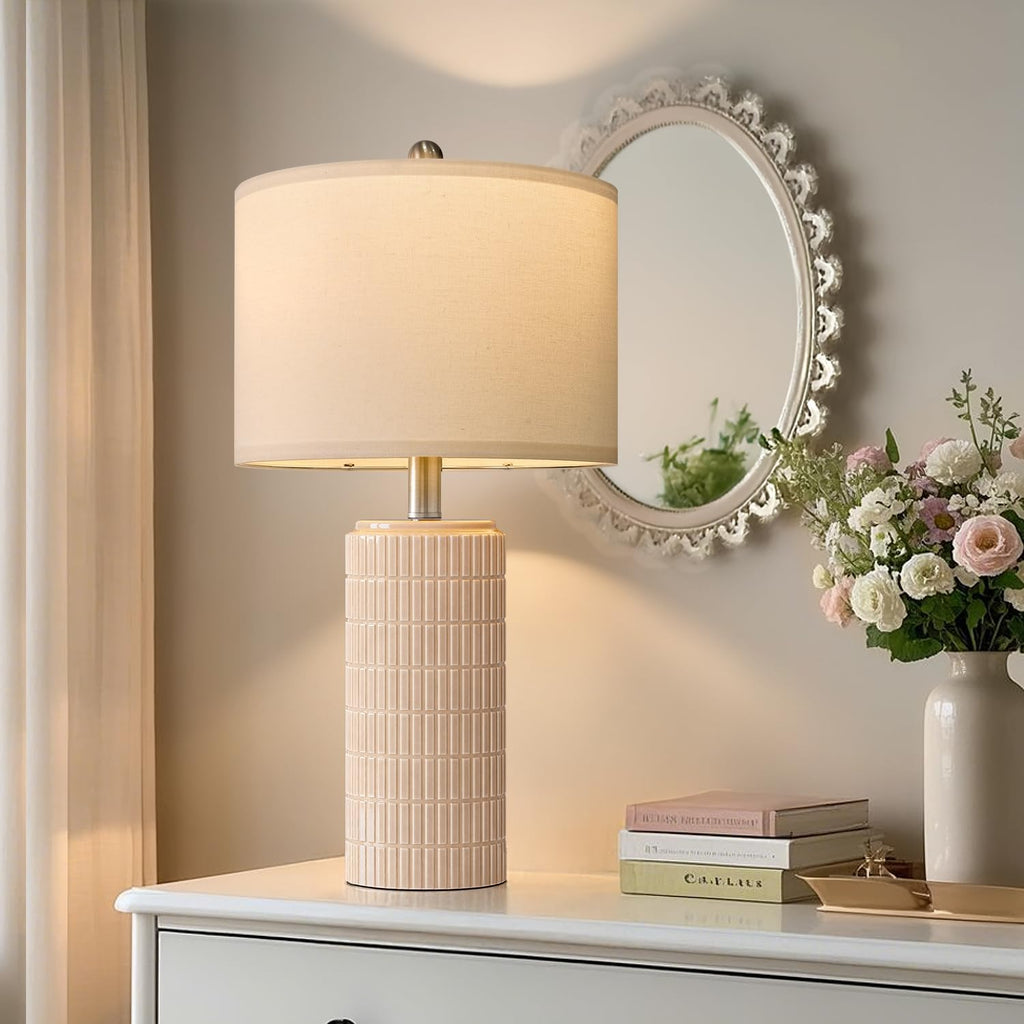 PoKat 23" Pink Ceramic Table Lamps Set of 2, Modern Bedroom Lamps for Girls Room, Bedside Lamps for Night Stands, Cute Lamps for Living Room Decor, Nightstands Desk Lamp, Pink