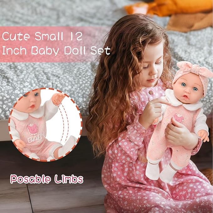 DONTNO 12'' Baby Doll in Gift Box with Pink Bear Pattern Clothes Accessories Playset,Pacifier,Feeding Bottle. Used for Gift Idea for Child Ages 3+