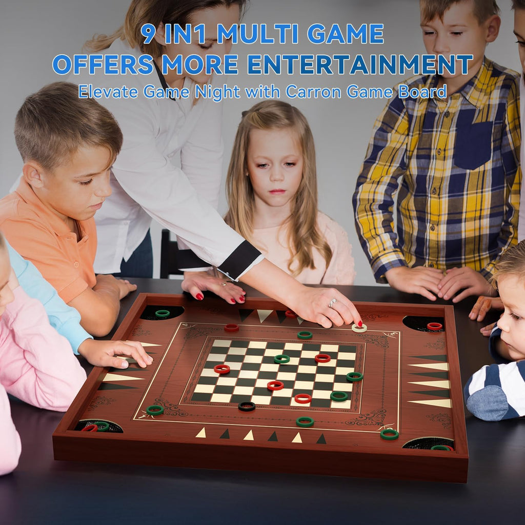 Board Game Set for Adults Family Night, 27.5 Inch Crokinole/Backgammon/Bowling Game/Tabletop Flicking Game with Discs, All in One Carron Board Game Set