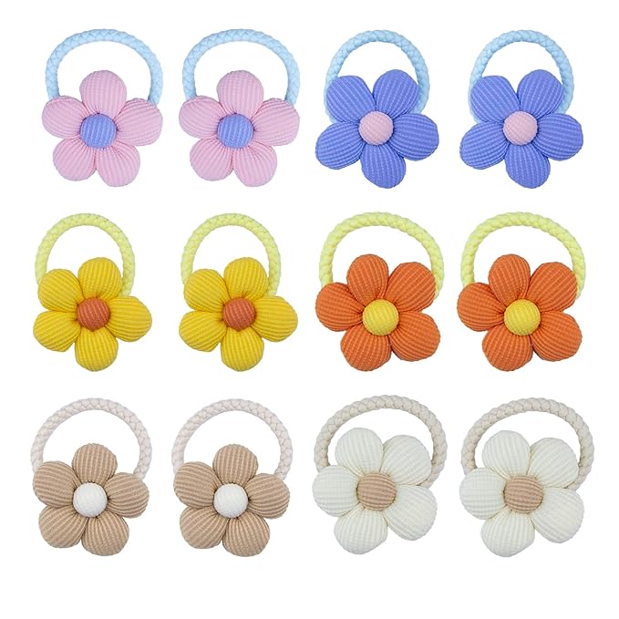 12-Pack Playful Sunflower Hair Ties For Kids Colorful Braided Elastics With 3D Floral Design Girls' Hair Bows (6 Vibrant Color Sets)