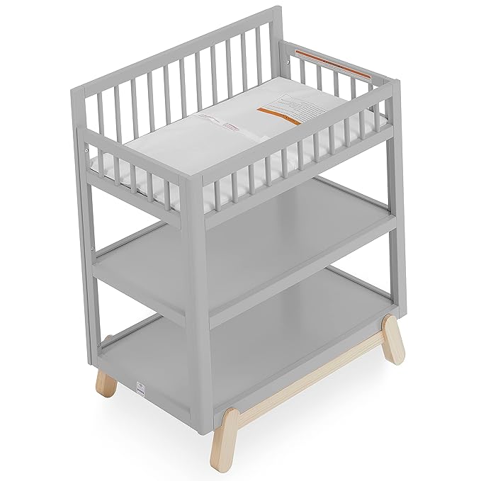 Dream On Me Hygge Baby Nusery Changing Table, Elevated Safety Rails, Water-Resistant Changing Pad & Safety Belt, Spacious Storage Shelves, GREENGUARD Gold & JPMA Certified – Pebble Grey Oak