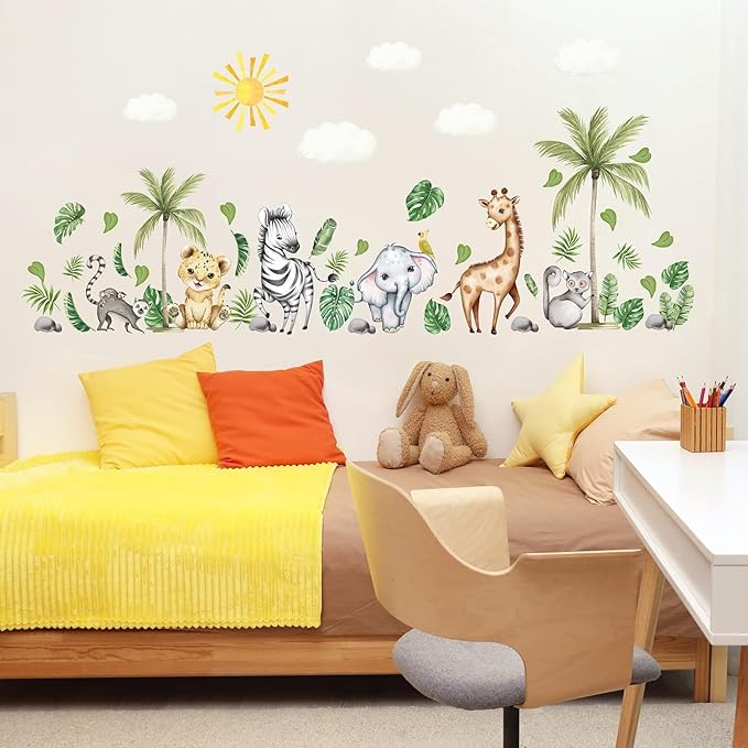 clothmile Watercolor Jungle Animal Wall Decals - Forest Animal Wall Sticker - Elephant, Lion, Monkey - For Kids, Baby Nursery, Playroom, Bedroom & Classroom Decor