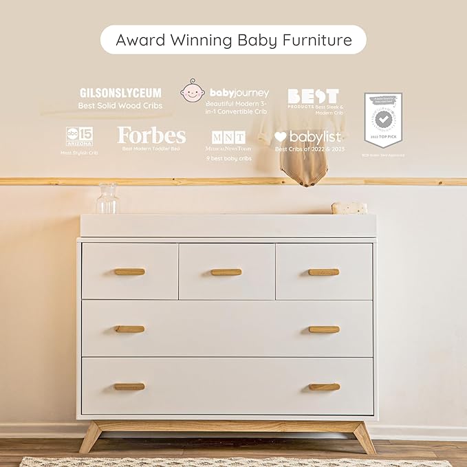 dadada Soho 5-Drawer Dresser for Nursery and Bedroom - Modern Design, Large Storage, Baby-Safe Finish, Soft Close Drawers, Anti-Tip Safety, Sturdy Legs & Solid Wood Handles, 47” Wide (White+Natural)