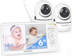 HelloBaby Baby Monitor with 2 Cameras, World First 6" IPS Split Screen, Display and Double Cameras, No WiFi, 30H Battery, 2-Way Audio, Pan-Tilt-Zoom, VOX Mode, Night Vision, 8 Lullabies, 1000ft Range