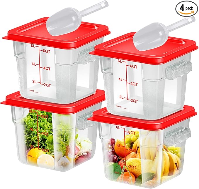 4 pcs 6qt Food Storage Containers with Lid, Square Clear Commercial Food Storage Containers with Handle and Scale for Food Storage in Home Kitchen & Dining (Red)