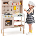 HONEY JOY Kids Kitchen Playset, Wooden Play Kitchen for Toddlers, Microwave, Range Hood, Ice Maker, 18 Cooking Accessories, Little Chef Pretend Play Toy Kitchen Set, Gift for Boys Girls, Pink