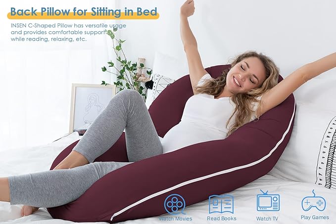 INSEN Pregnancy Pillow, Maternity Body Pillow with Velvet Cover, C Shaped for Side Sleeping (Cooling Tencel-Red Plum)