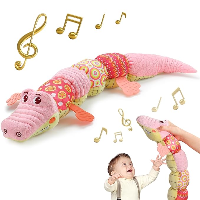 Sumobaby Crocodile Baby Toys Musical Crocodile, Stuffed Animal Activity Soft Toys with Teether, Multi-Sensory Crinkle, Rattle and Textures, for Tummy Time, 0 - 12 Months, Boys, Girls, Alligator (Pink)