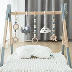 Wooden Foldable Baby Play Gym Frame Activity Hanging Bar With 5 Toys - Natural for Newborn (Grey)