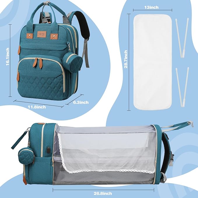 Diaper Bag Backpack, Large Diaper Bag with Changing Station, Baby Bag, New Mom Gifts, Lightweight Waterproof Unisex Diaper Bag with Insulated Pockets and USB Charging Port, Cyan