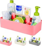 Baby Shower Caddy Plastic Nursery Portable Storage Organizer Caddy Tote for Child/Kids, Divided Basket Bin with Wood Handle for Bathroom, Dorm Room, Holds Hand Soap, Bottles, Spoons (Pink)