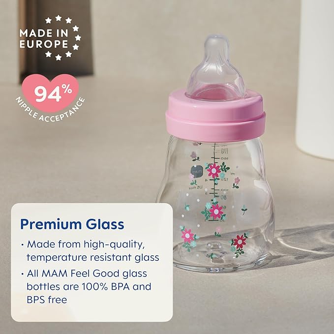 MAM Premium Glass Baby Bottles, Easy Switch Between Breast and Bottle, Feel Good Medium Flow, Newborn Essentials Must Have, 2+ Months, BPA Free, 9oz, Girl, 3 Pack