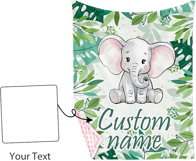 Custom Name Baby Blanket – Plush Flannel with Double-Layer Dotted Backing – Elephant and Green Leaves Theme for Infants and Toddlers