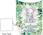 Custom Name Baby Blanket – Plush Flannel with Double-Layer Dotted Backing – Elephant and Green Leaves Theme for Infants and Toddlers