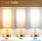 Gold Bedside Table Lamps Set of 2-3 Color Temperatures Pull Chain Lamp with AC Outlet Charging Port, Two Round Night Stand Lamps for Bedroom Office Living Room