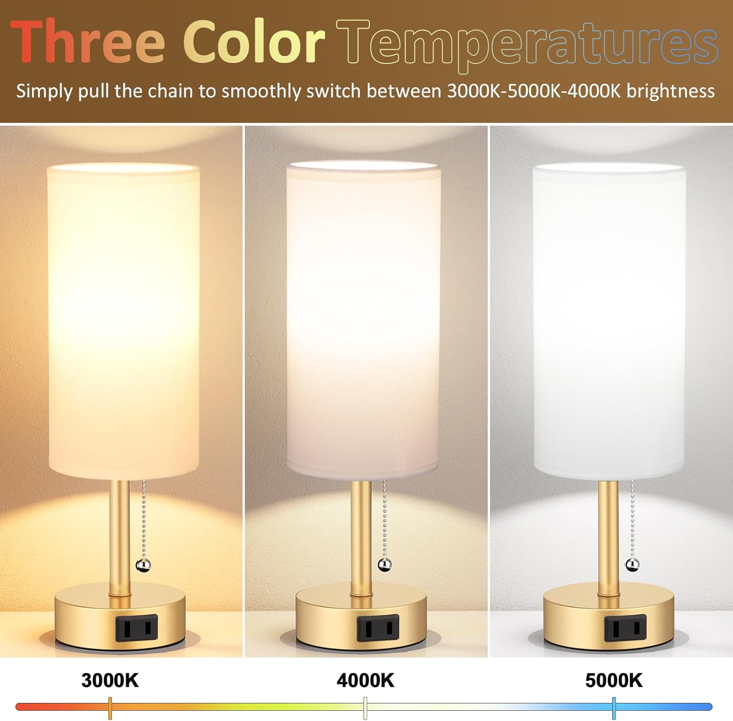 Gold Bedside Table Lamps Set of 2-3 Color Temperatures Pull Chain Lamp with AC Outlet Charging Port, Two Round Night Stand Lamps for Bedroom Office Living Room