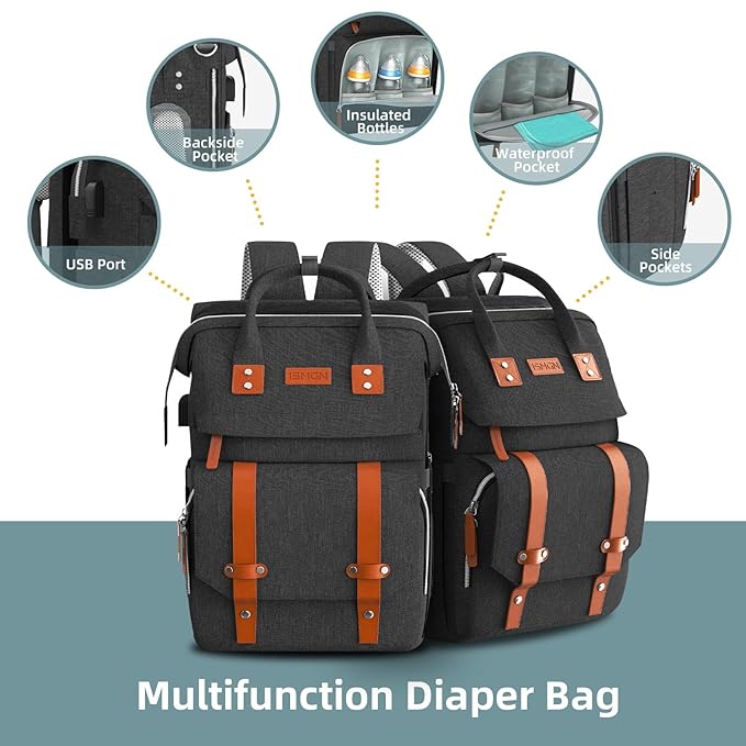 Diaper Bag Backpack with Changing Station, Large Diaper Bag, Baby Bag, Multifunctional Diaper Bag, Black