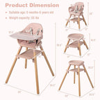 BABY JOY Baby High Chair, 6 in 1 Convertible Wooden High Chair for Babies & Toddlers with Adjustable Legs, Double Removable Tray, Safety Harness & Waterproof PU Cushion (Pink)