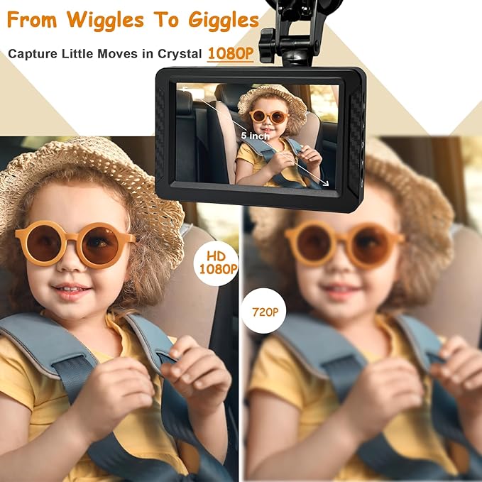 Night Vision Baby Car Camera, 5" HD 1080P IPS Display with 3X Zoom & 360° Adjustment - USB/Cigarette Lighter Powered, HD Backseat Baby Monitor for Rear Facing Infant Safety in Cars/Trucks/SUVs
