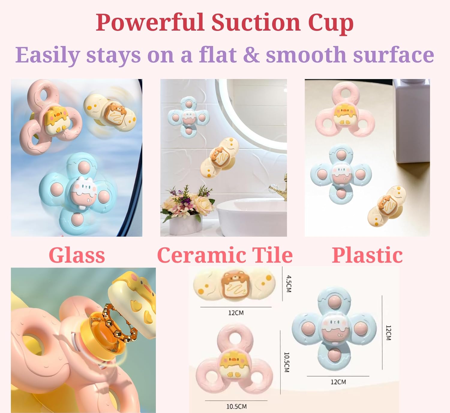 3PCS Suction Cup Spinner Toys Set: Baby Bath Sensory Spinner Toys for 1 2 Year Old Boys Girls - Stress Release, Anxiety Relief, Educational Gifts for Toddlers 1 2 3 Years Old - 3 Pack