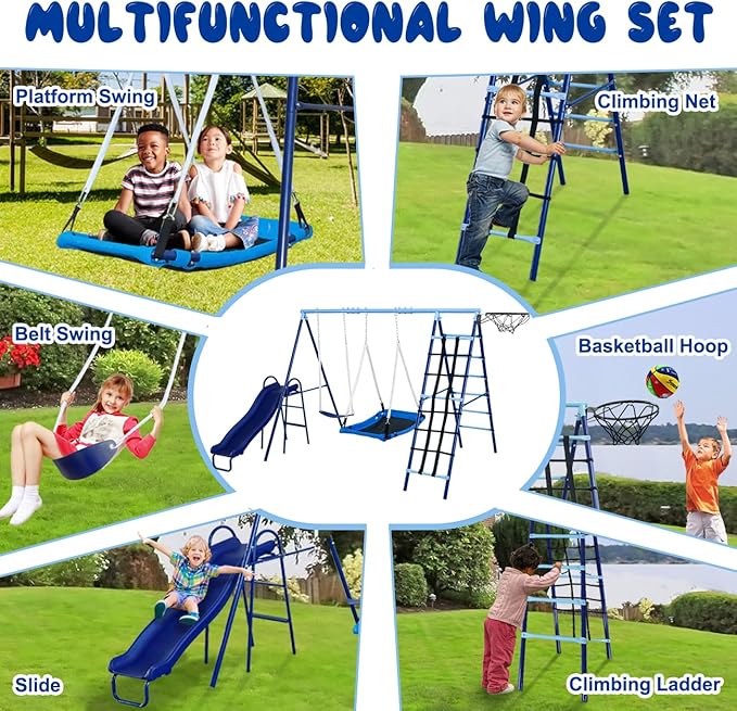 600lbs 6-in-1 Kids Swing Set, Backyard Playset with Belt & Platform Swings, Slide, Climbing Net, Basketball Hoop, Heavy-Duty A-Frame Metal Stand & 6 Anti-Tilt Stakes, Outdoor Gym for Ages 4-12