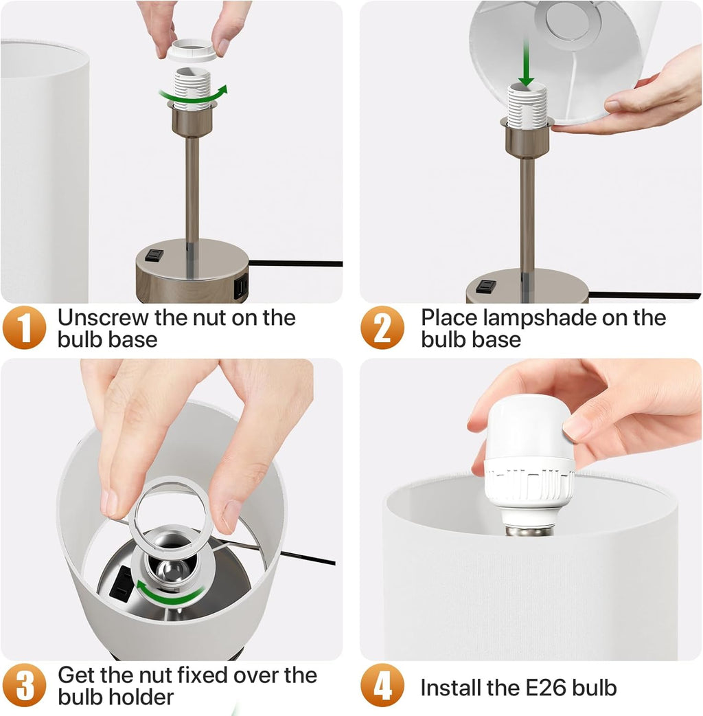 KPQ Small Bedside Lamp Touch Control Table Lamp with USB A+C Charging Ports & AC Outlet 3-Way Dimmable Nightstand Lamp with Linen Fabric Shade for Bedroom Living Room