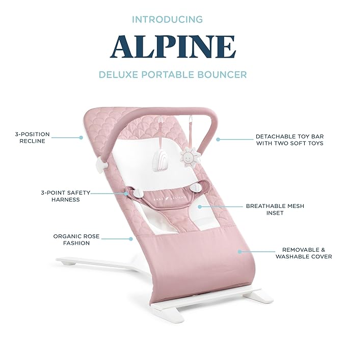 Baby Delight Alpine Deluxe Portable Baby Bouncer | Infant | 0-6 Months | 100% GOTS Certified Organic Cotton Fabric | Organic Rose