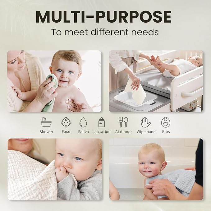 Konssy 10-Pack Muslin Baby Washcloths,100% Cotton Baby Wash Cloths for Newborn Kids Girls & Boys, Soft & Absorbent Washcloths