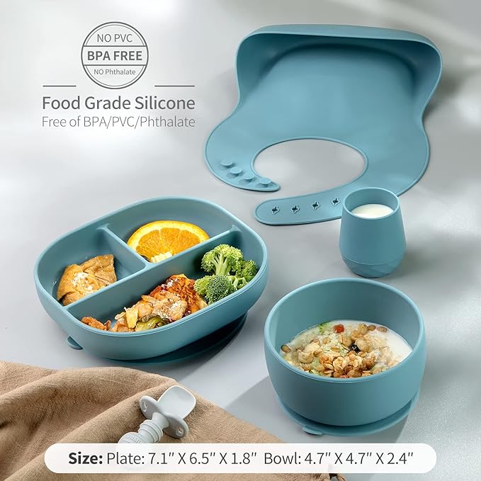 SAMiGO Silicone Baby Feeding Set, Baby Led Weaning Supplies, Suction Bowl Plate Bib Cup Self Feeding Spoons, Solid Food Eating Essentials, First Stage Utensils, 6+ Months