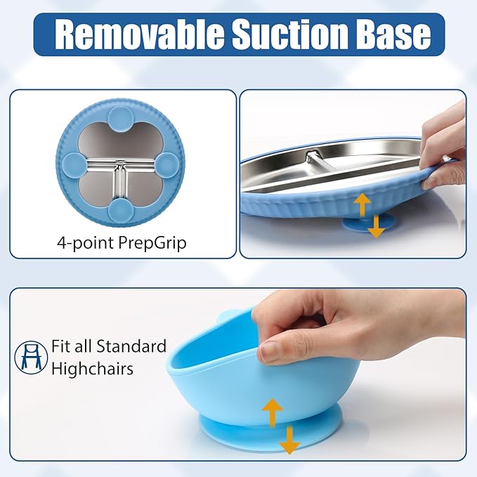 Stainless Steel Kids Plates and Bowls with Suction, Divided Baby Plate and Toddler Bowl with Removable Silicone Suction, Non-Slip Baby Feeding Set Dishwasher Safe, 4 Packs