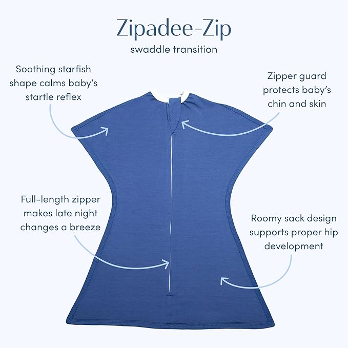 SleepingBaby Zipadee-Zip Transition Swaddle - Cozy Baby Swaddle Blanket with Zipper Convenience - Roomy Wearable Blanket for Easy Diaper Changes - Classic Navy, Large (12-24 Month)