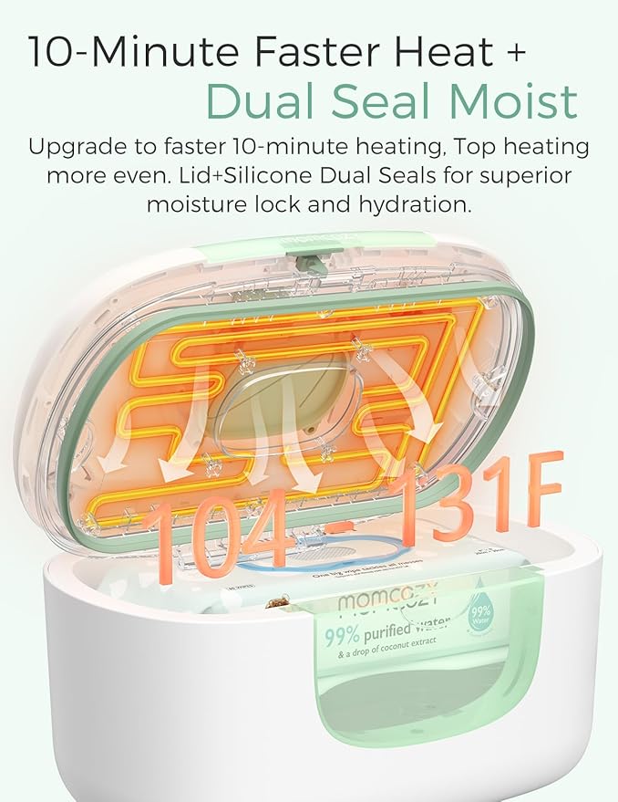 Momcozy New Baby Wipe Warmer, 100pcs Larger Capacity Wipe Dispenser, 10-Min Fast Heating with 4 Temperature Modes, Innovative Spring Design, Silicone & Top Seals,Quick Even Heating, 3-Level Nightlight
