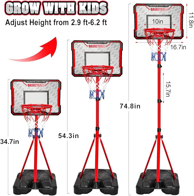 Meland Kids Basketball Hoop - Adjustable Height 2.9ft-6.2ft Toddler for Kids, Goal Indoor & Outdoor Toys Backyard Outside Boys Age 3 4 5 6 7 8 Years Gift