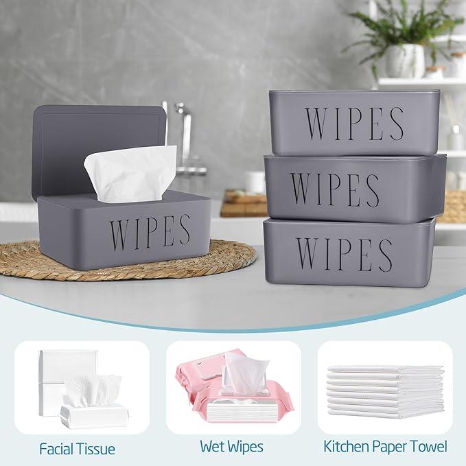 3 Pack Baby Wipes Dispenser Holder Wipe Container for Bathroom with Lid Toilet Tissue Paper Storage Refillable Box for Home Office Cars(Small,Gray)