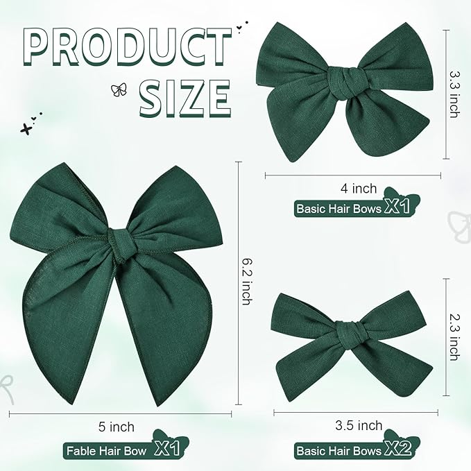 DEEKA 4 PCS Dark Green Cotton Linen Hair Bows 3 Styles 5" & 4" Handmade Hair Bow set for Toddler Girls Alligator Hair Clips Knot Bows Hair Accessories for Little School Girls (Dark Green)